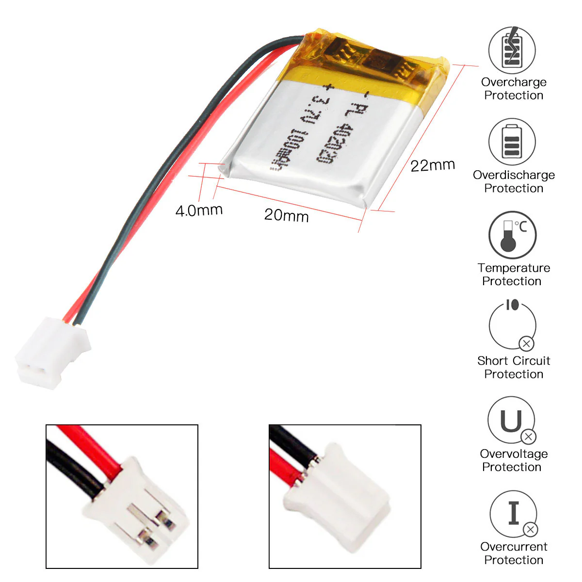 YDL 3.7V 100mAh 402020 Rechargeable Lithium Polymer Battery - Image 3