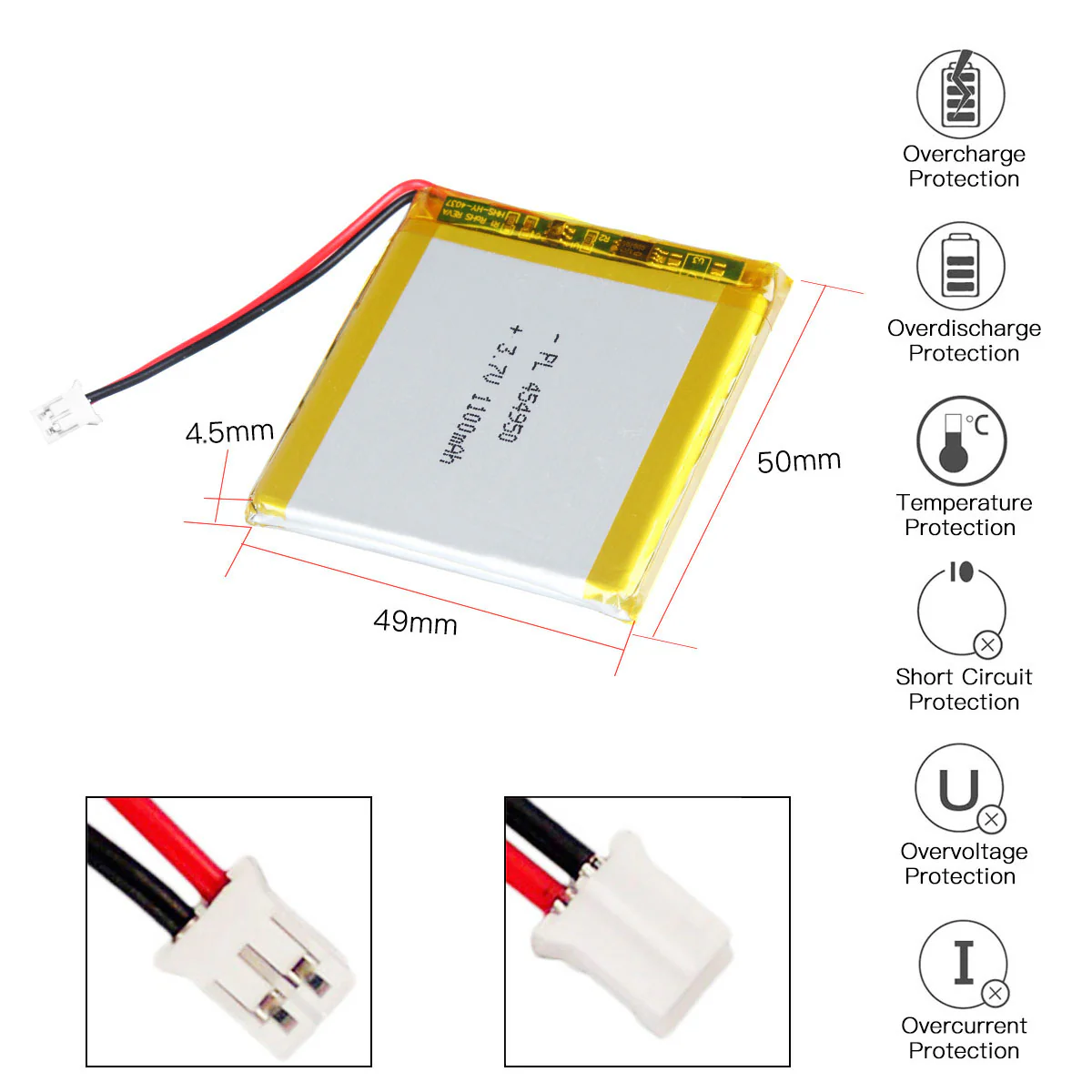 YDL 3.7V 1100mAh 454950 Rechargeable Lithium Polymer Battery Length 52mm - Image 3