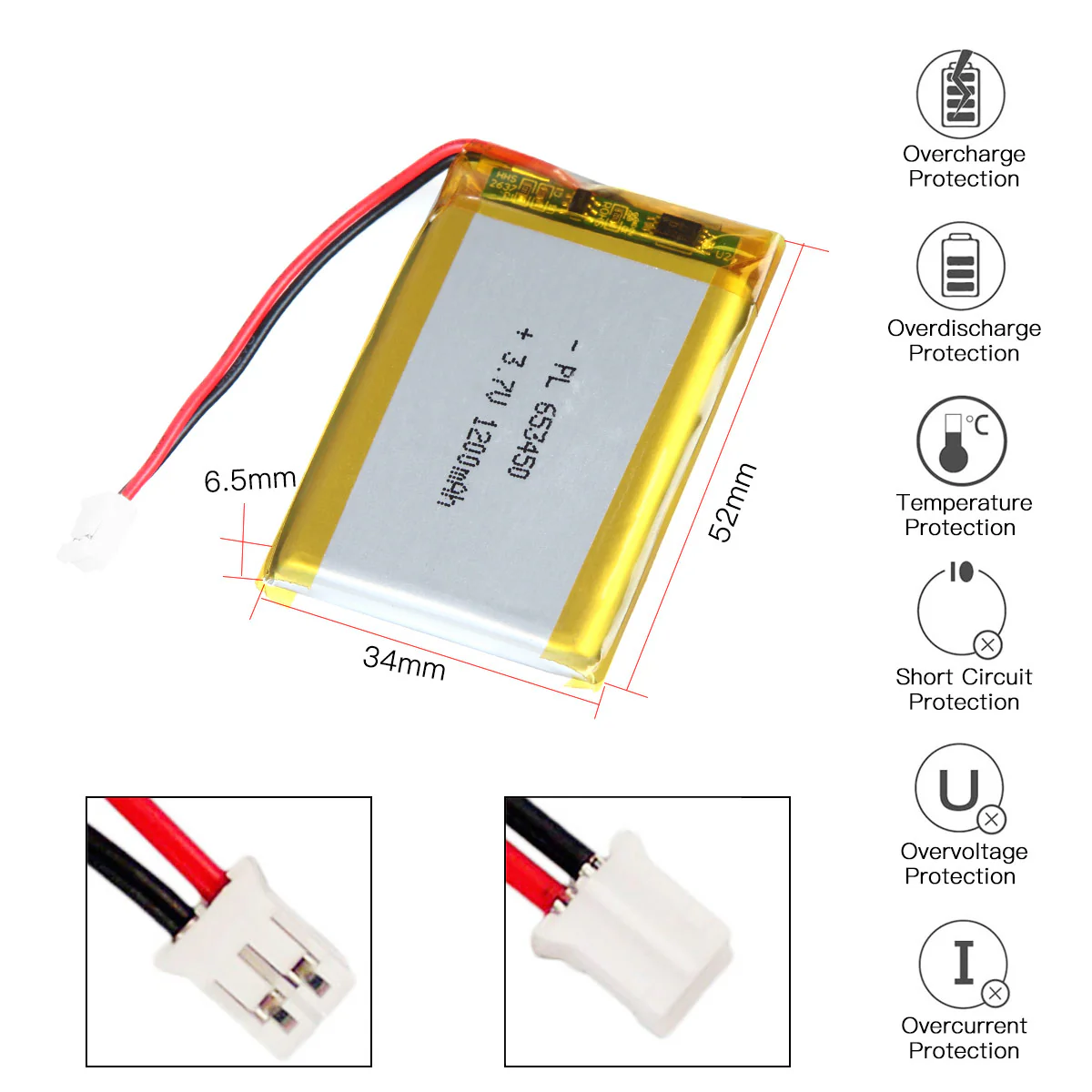 YDL 3.7V 1200mAh 653450 Rechargeable Lithium Polymer Battery Length 52mm - Image 3
