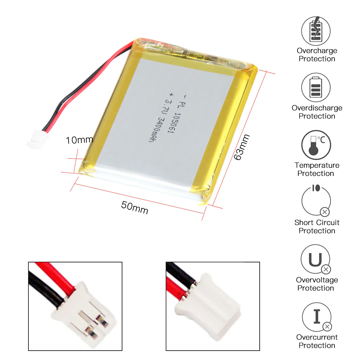 YDL 3.7V 3400mAh 105061 Rechargeable Lithium Polymer Battery Length 63mm - Image 3