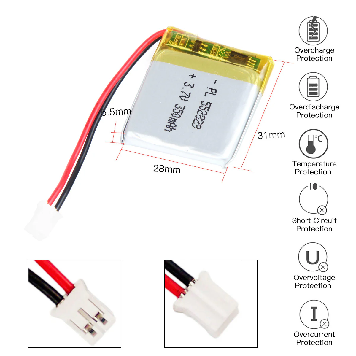 YDL 3.7V 350mAh 552829 Rechargeable Lithium Polymer Battery Length 31mm - Image 3
