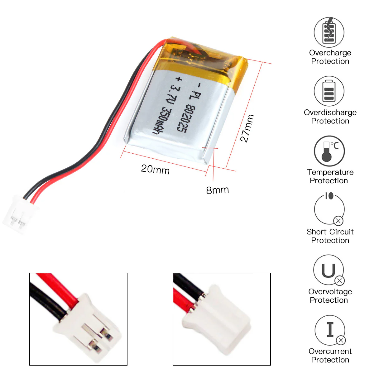 YDL 3.7V 350mAh 802025 Rechargeable Lithium Polymer Battery - Image 3