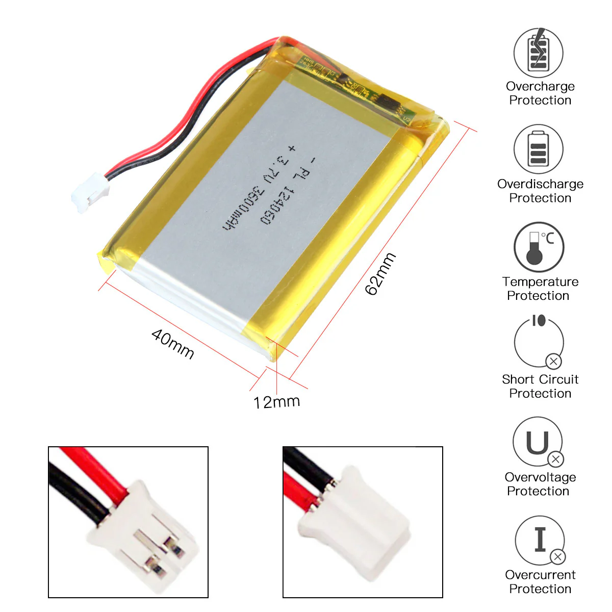 YDL 3.7V 3600mAh 124060 Rechargeable Lithium Polymer Battery Length 62mm - Image 3