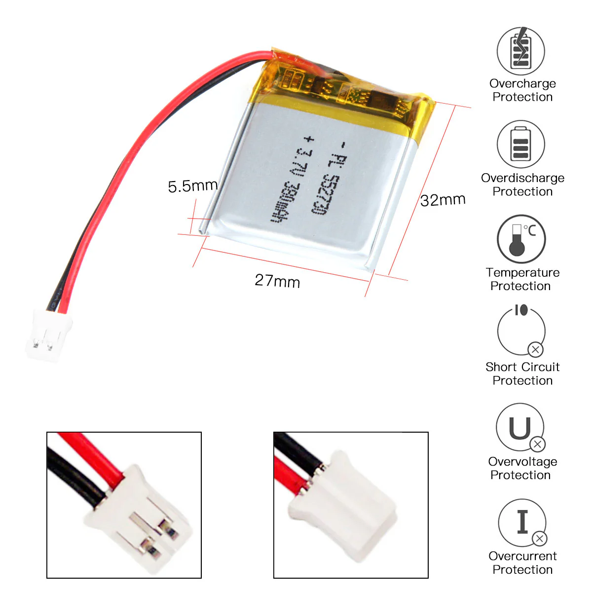 YDL 3.7V 380mAh 552730 Rechargeable Lithium Polymer Battery Length for Smart Watch - Image 3