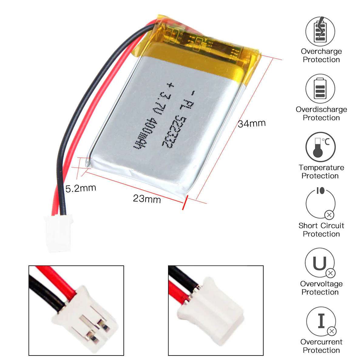 YDL 3.7V 400mAh 522332 Rechargeable Lithium Polymer Battery Length 34mm - Image 3