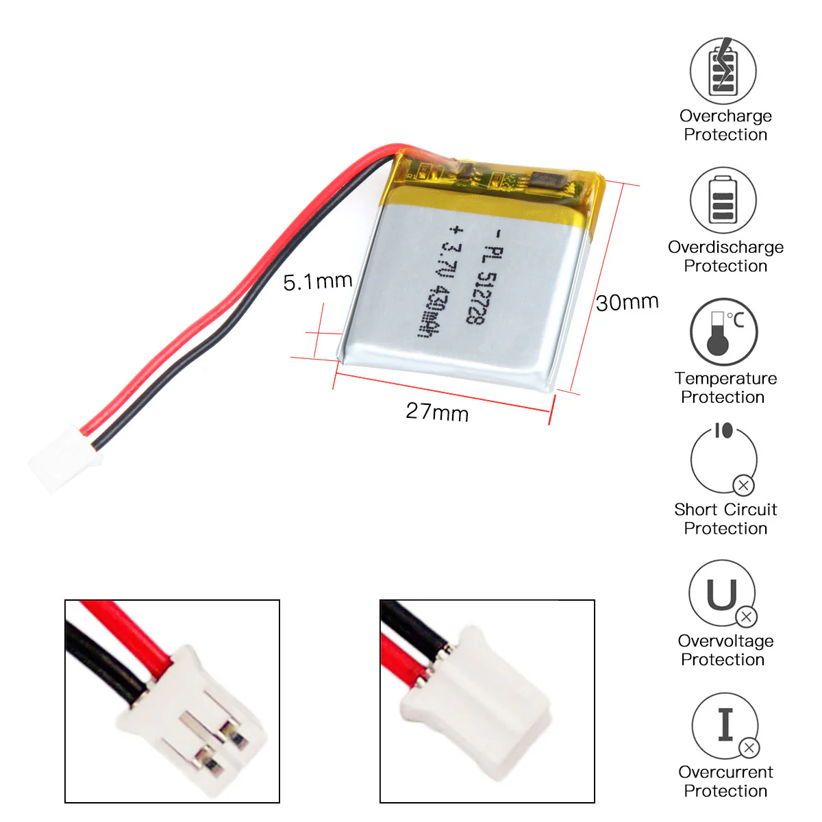 YDL 3.7V 430mAh 512728 Rechargeable Lithium Polymer Battery Length 30mm - Image 3