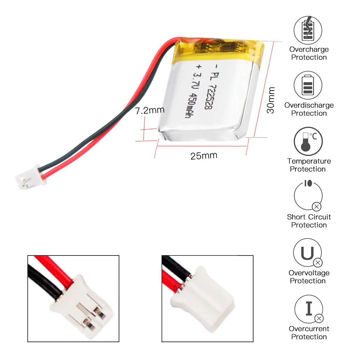 YDL 3.7V 450mAh 722528 Rechargeable Lithium Polymer Battery - Image 3