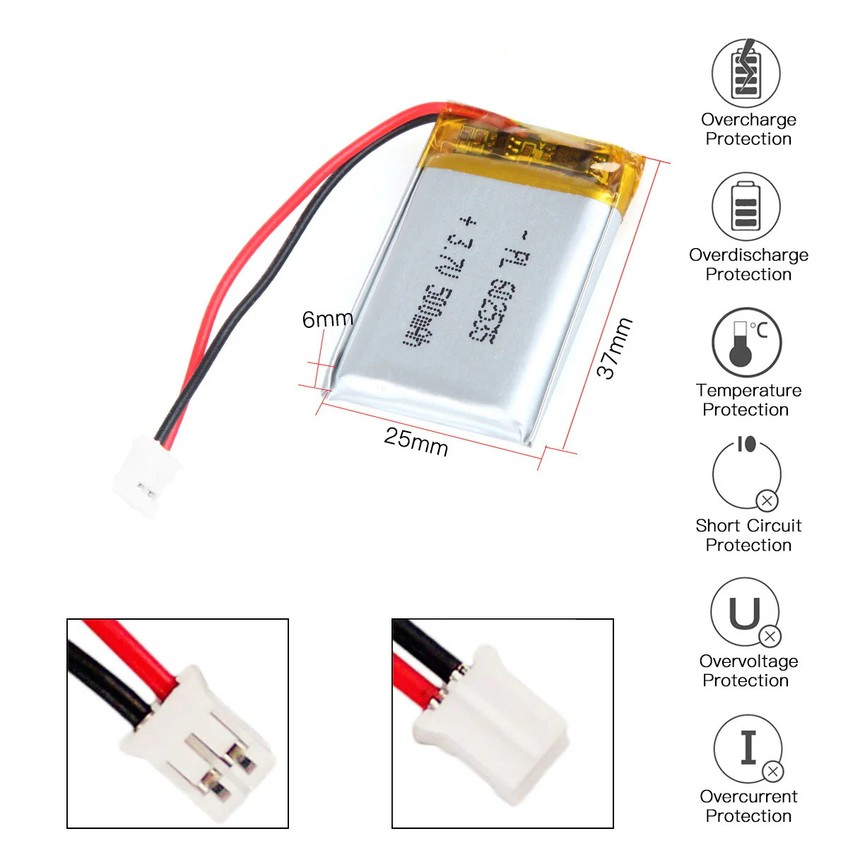 YDL 3.7V 500mAh 602535 Rechargeable Lithium Polymer Battery Length 37mm - Image 3