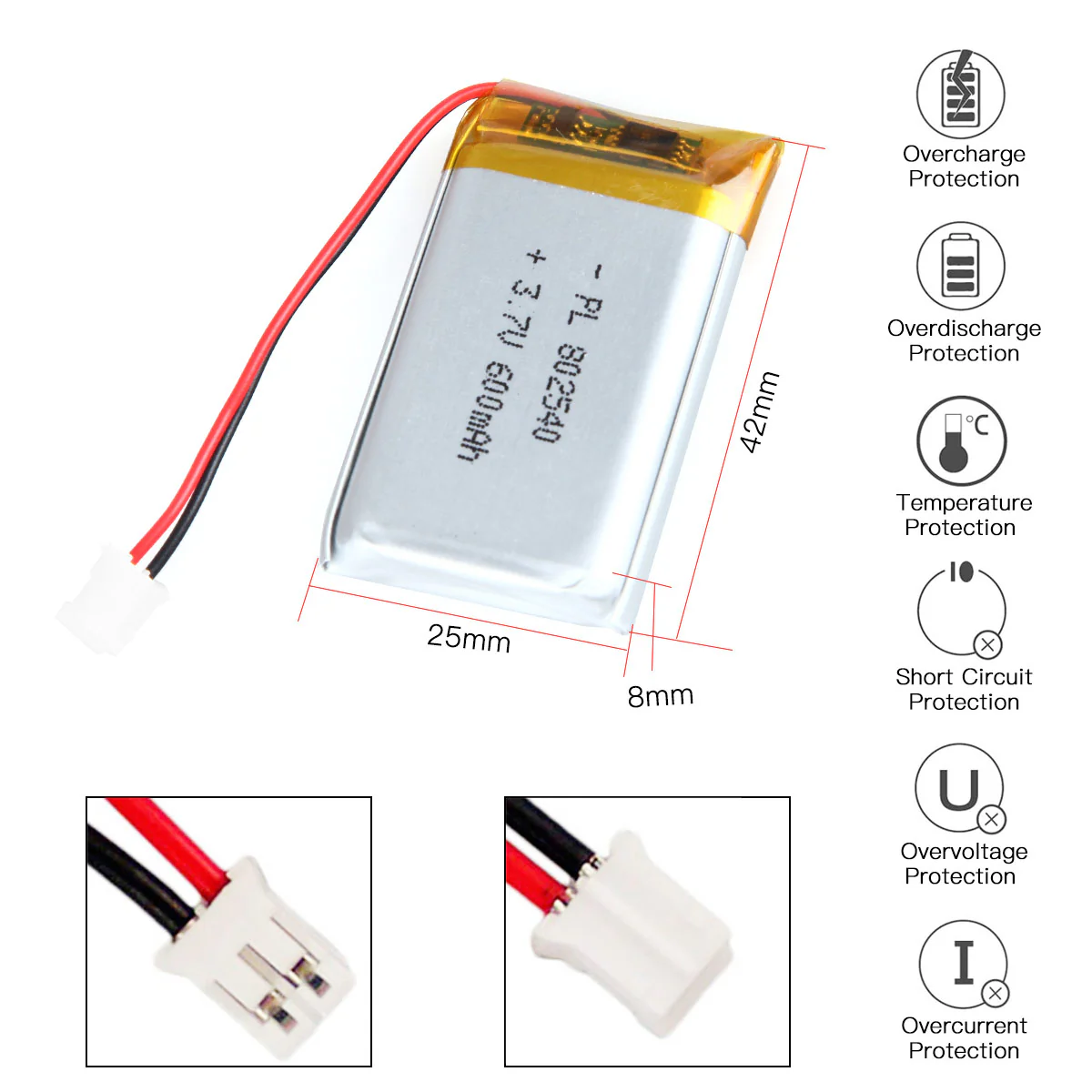 YDL 3.7V 600mAh 802540 Rechargeable Lithium Polymer Battery - Image 3