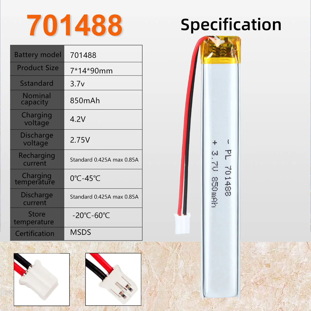 3.7V 701488 850mAh Rechargeable Lithium Polymer Battery - Image 6